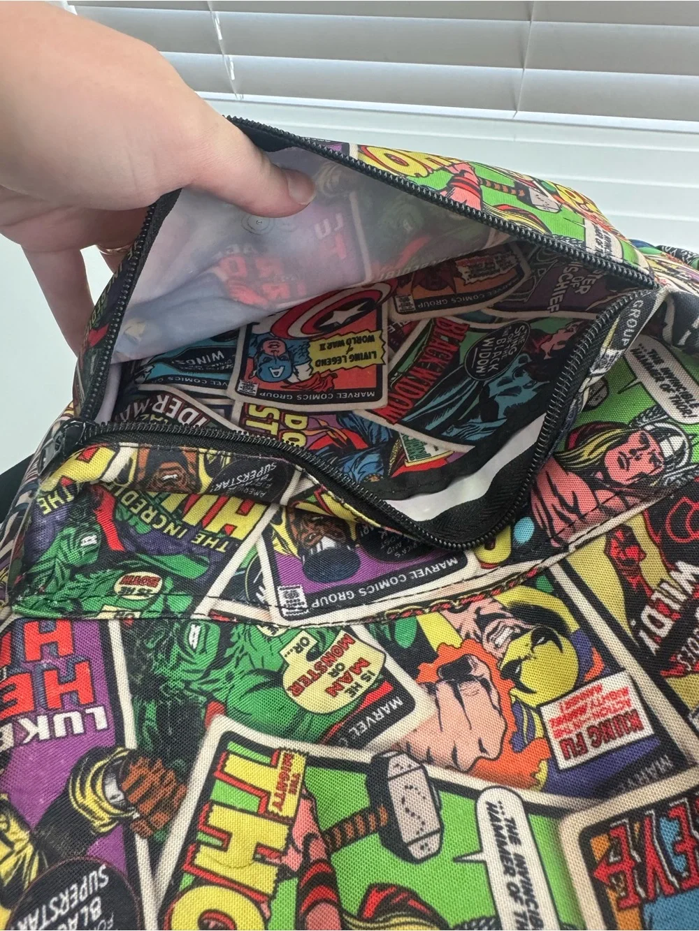 Marvel Multicolor Comic Collage Backpack with Captain America Shield Accent